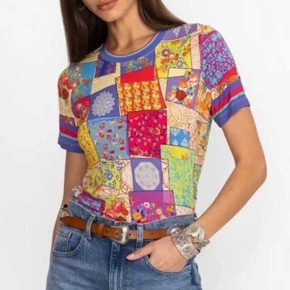 Johnny Was Tops - Johnny Was Los Angeles Patchwork Floral Print Rayon Tee Multi Color Small